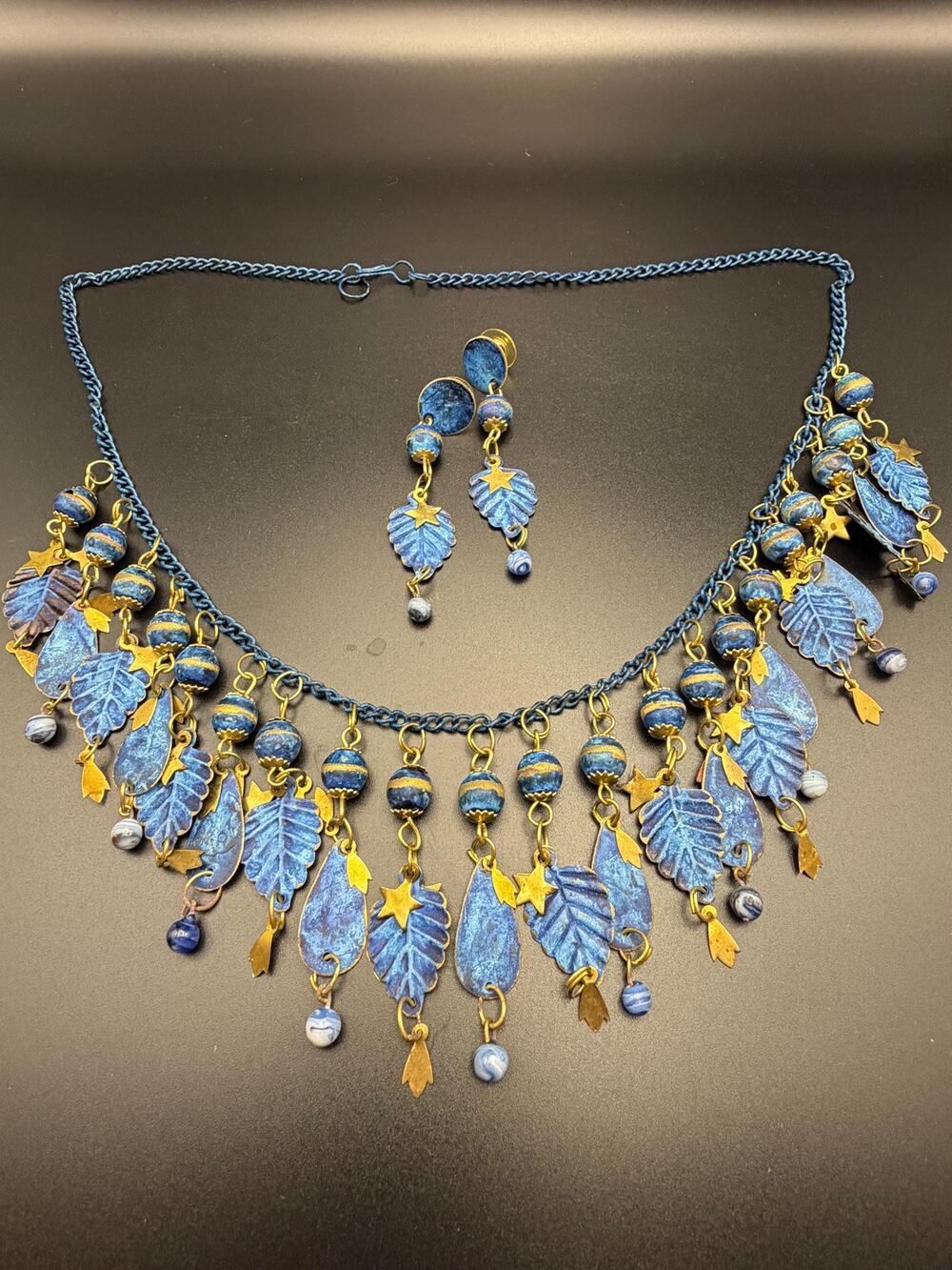 Vintage Blue Bead Leaf and Gold-tone Stars necklace and earrings set